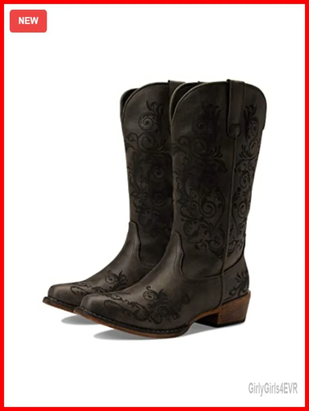 Faux Leather Snip Toe Western Boots Embroidered Block Heel